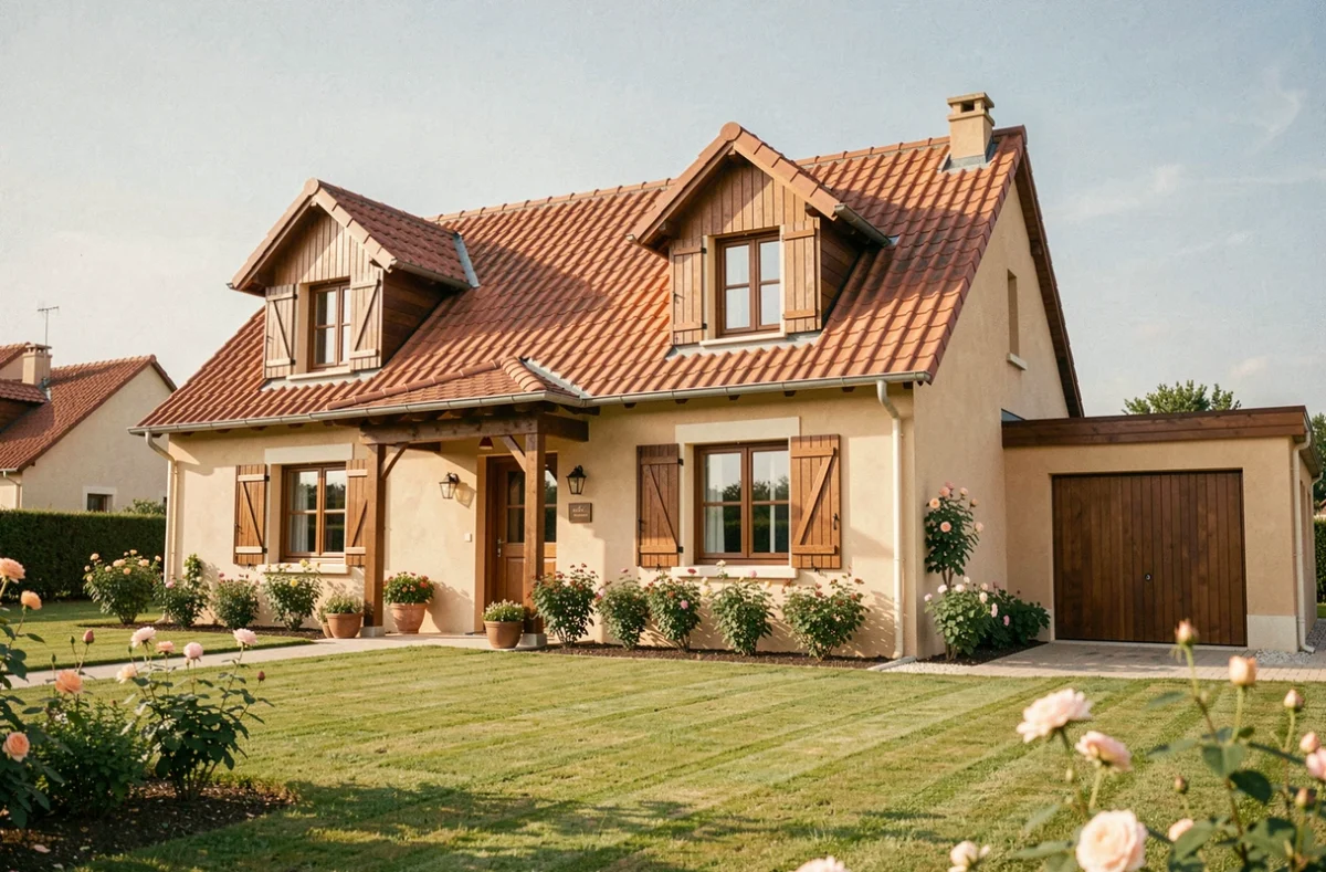Maison familiale IGC Construction en Vendée, facade sable avec volets bois marron, toiture tuiles ronde et porche d'entrée couvert