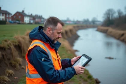 Ingénieur civil examinant une carte de risque d'inondation