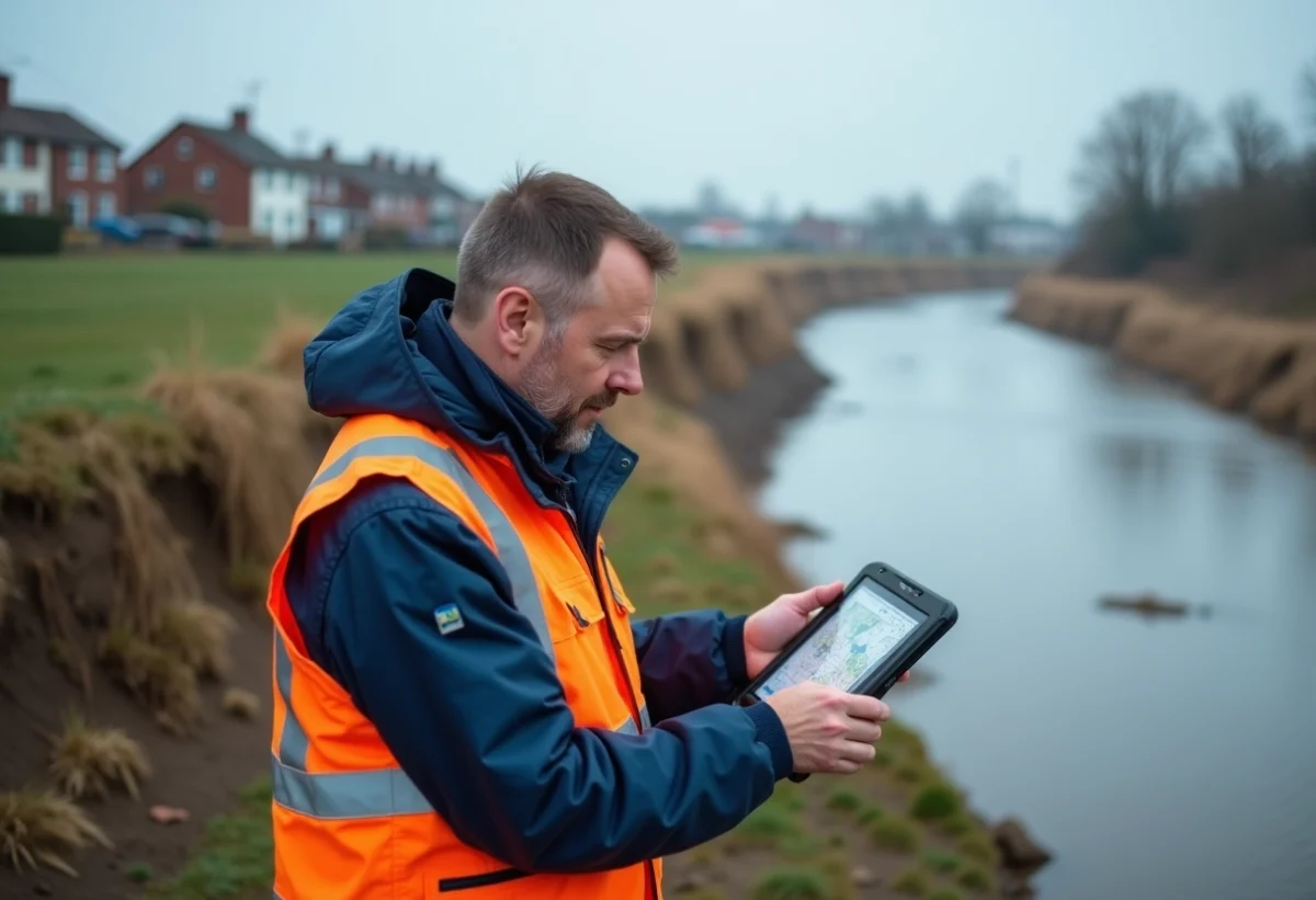 Ingénieur civil examinant une carte de risque d'inondation