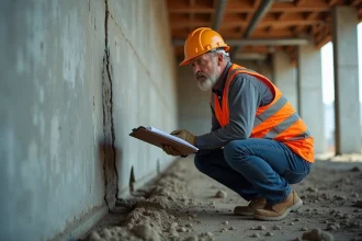 Ingénieur en bâtiment inspectant une fondation fissurée lors d'une reprise en sous-œuvre complexe sur chantier urbain
