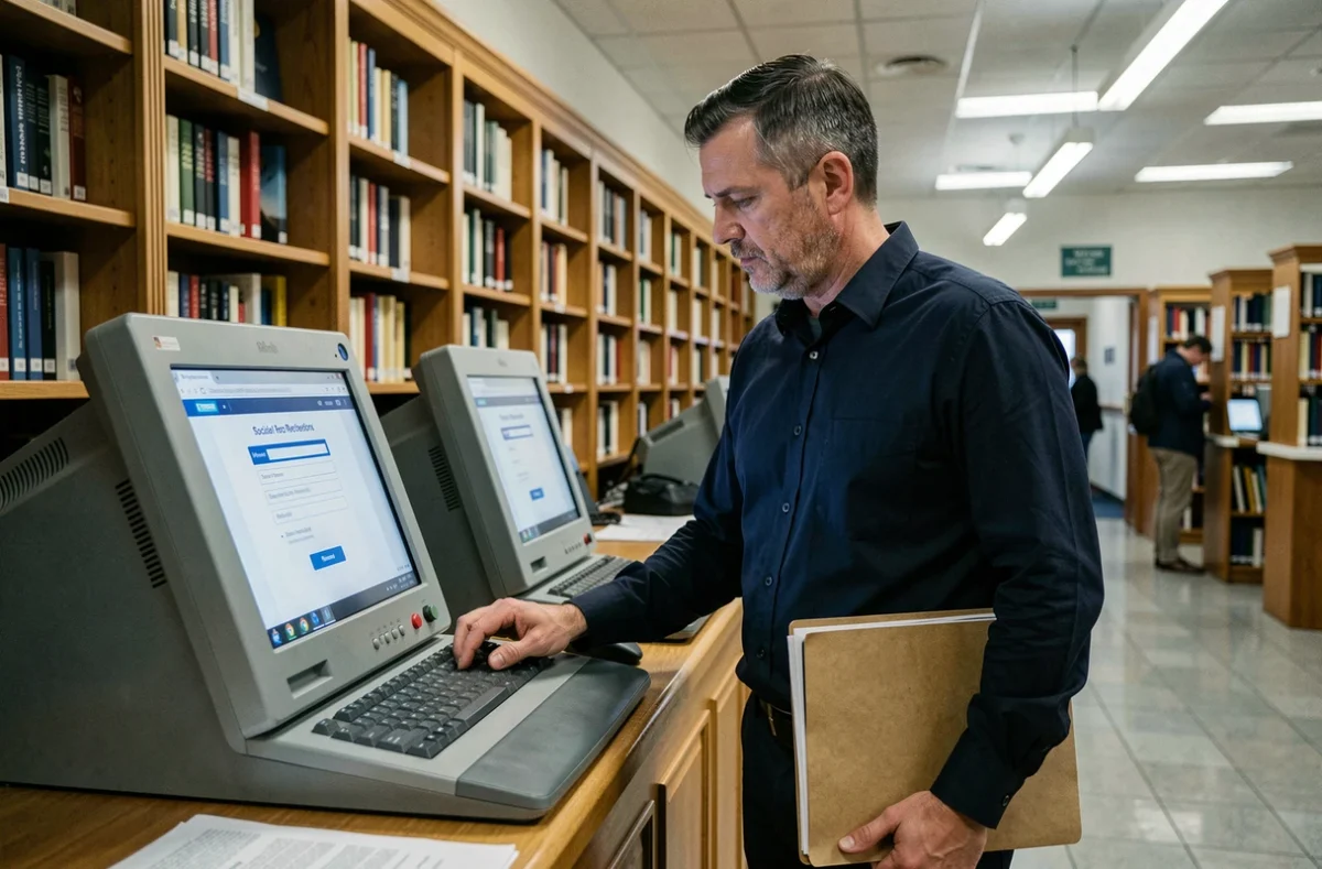 Homme utilisant un ordinateur public en bibliothèque parisienne pour s'inscrire sur LOC'annonces et accéder aux annonces de logements sociaux
