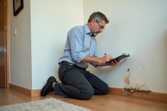 Homme inspectant des dégâts d'eau sur un mur intérieur