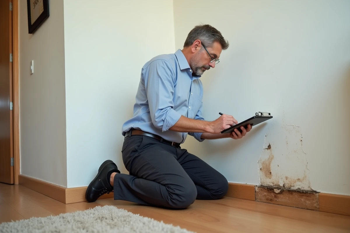 Homme inspectant des dégâts d'eau sur un mur intérieur