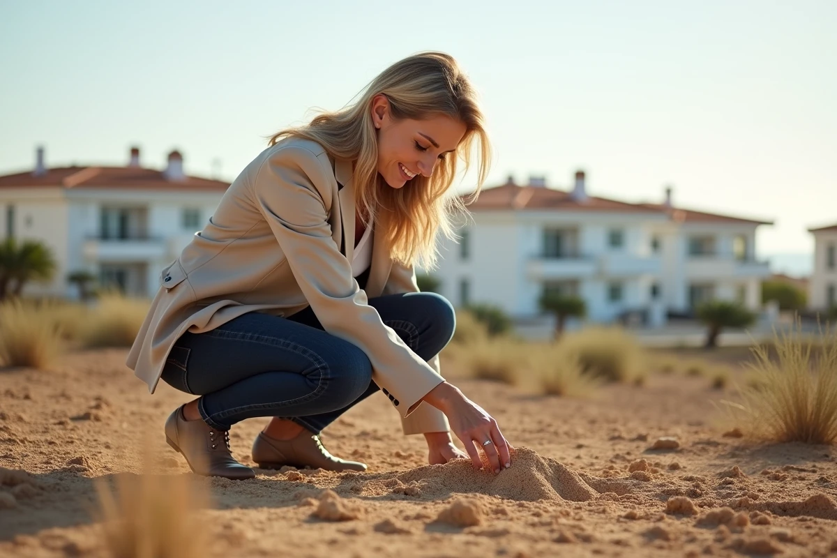 Femme inspectant un terrain constructible en bord de mer pour un investissement locatif saisonnier