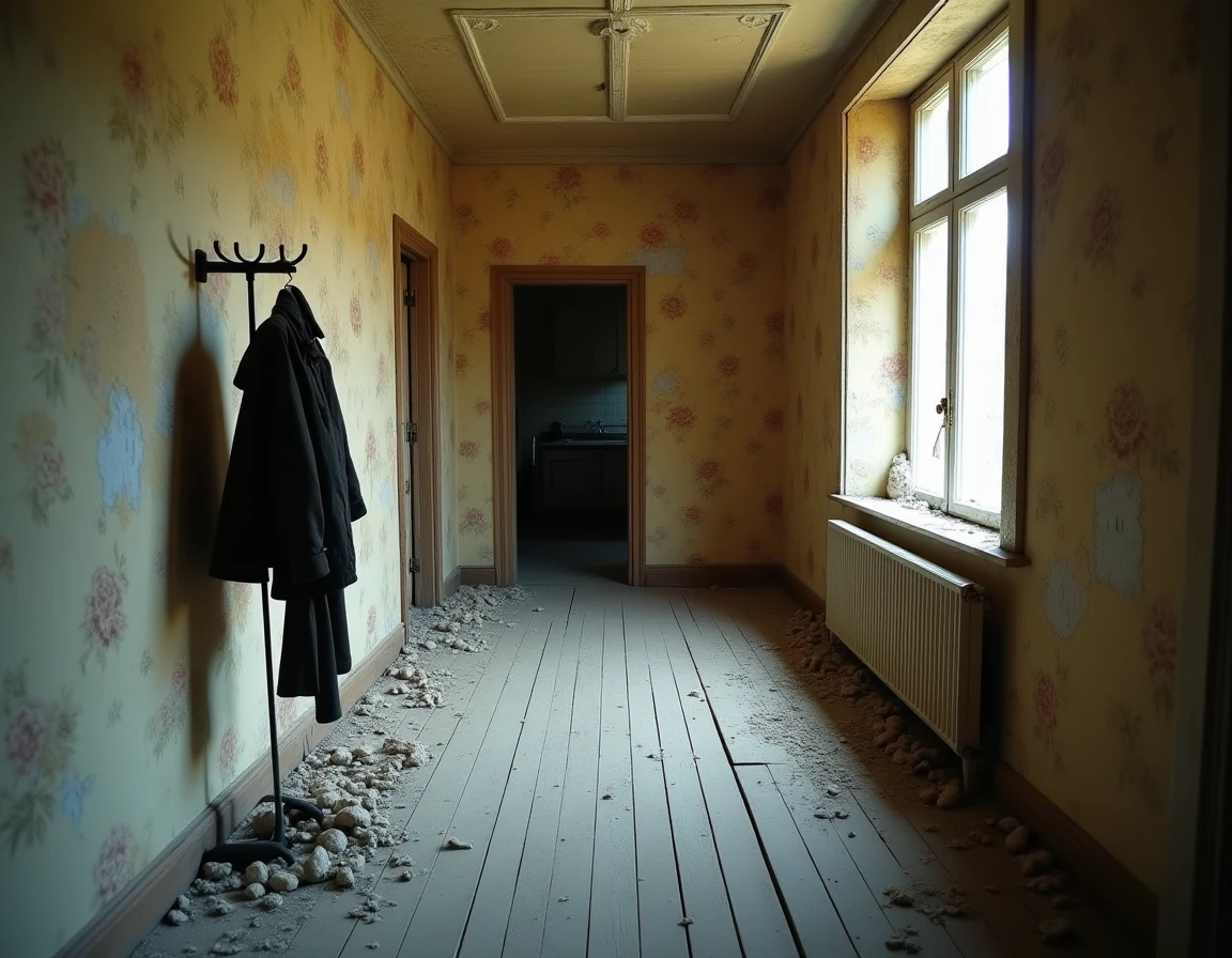 Intérieur délabré d'une maison abandonnée dans le Nord avec papier peint décollé et plancher abîmé