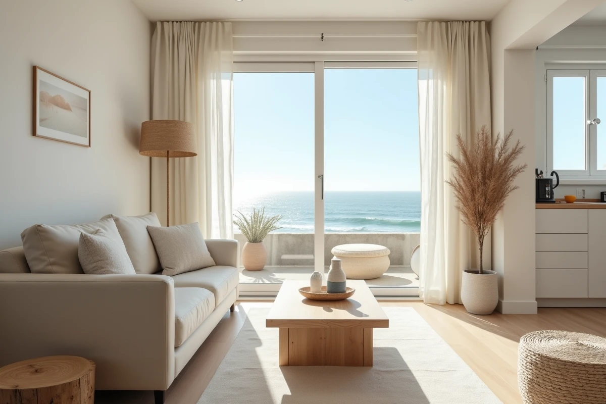 Intérieur salon d'une maison de plain-pied en location avec vue sur mer et terrasse