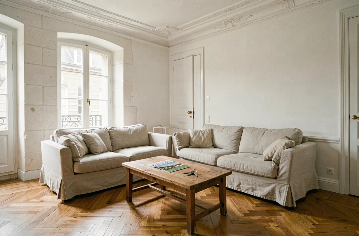 Intérieur lumineux d'une maison à vendre en exclusivité à Beauvais avec parquet en chêne