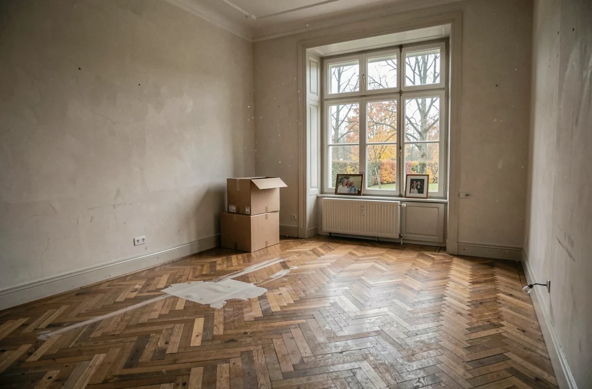 Intérieur vide d'une maison en vente dans l'Oise avec cartons de déménagement, signe d'une séparation conjugale et vente urgente