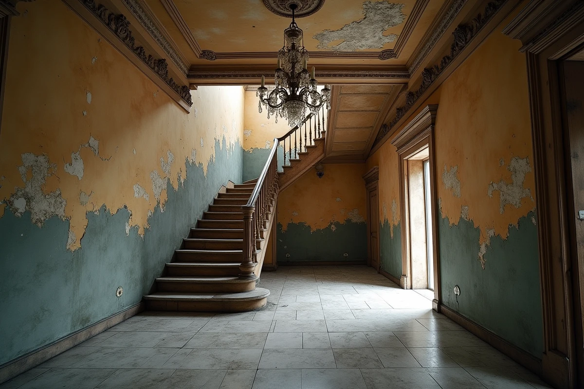 Couloir intérieur délabré d'un manoir à rénover avec escalier en bois abîmé, papier peint décollé et sol en marbre fissuré