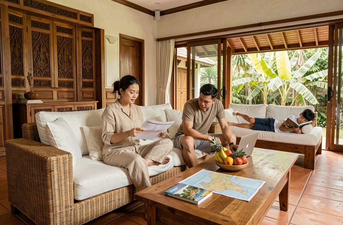 Famille planifiant leur séjour dans le salon ouvert d'une villa de luxe en Thaïlande avec décoration traditionnelle thaïe et jardin tropical