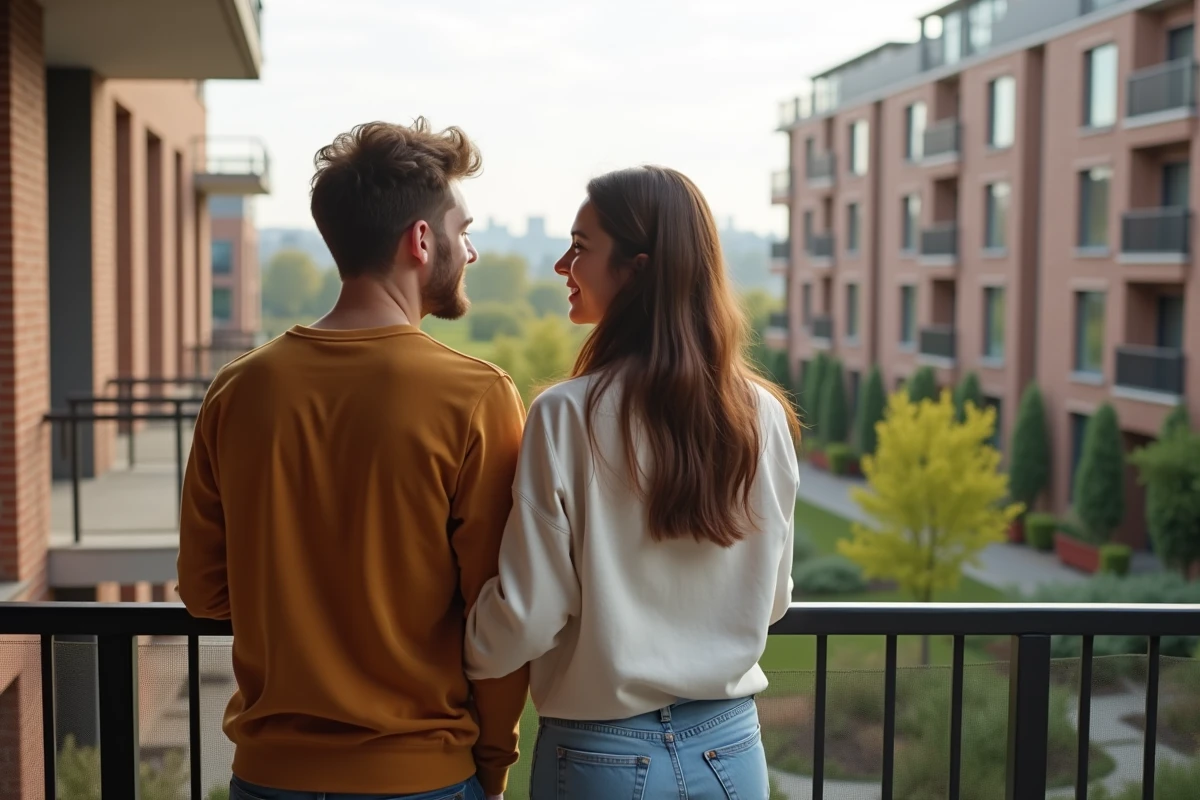 Jeune couple sur balcon regardant la cour intérieure
