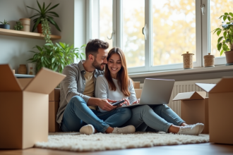Jeune couple planifiant leur budget dans leur nouvel appartement