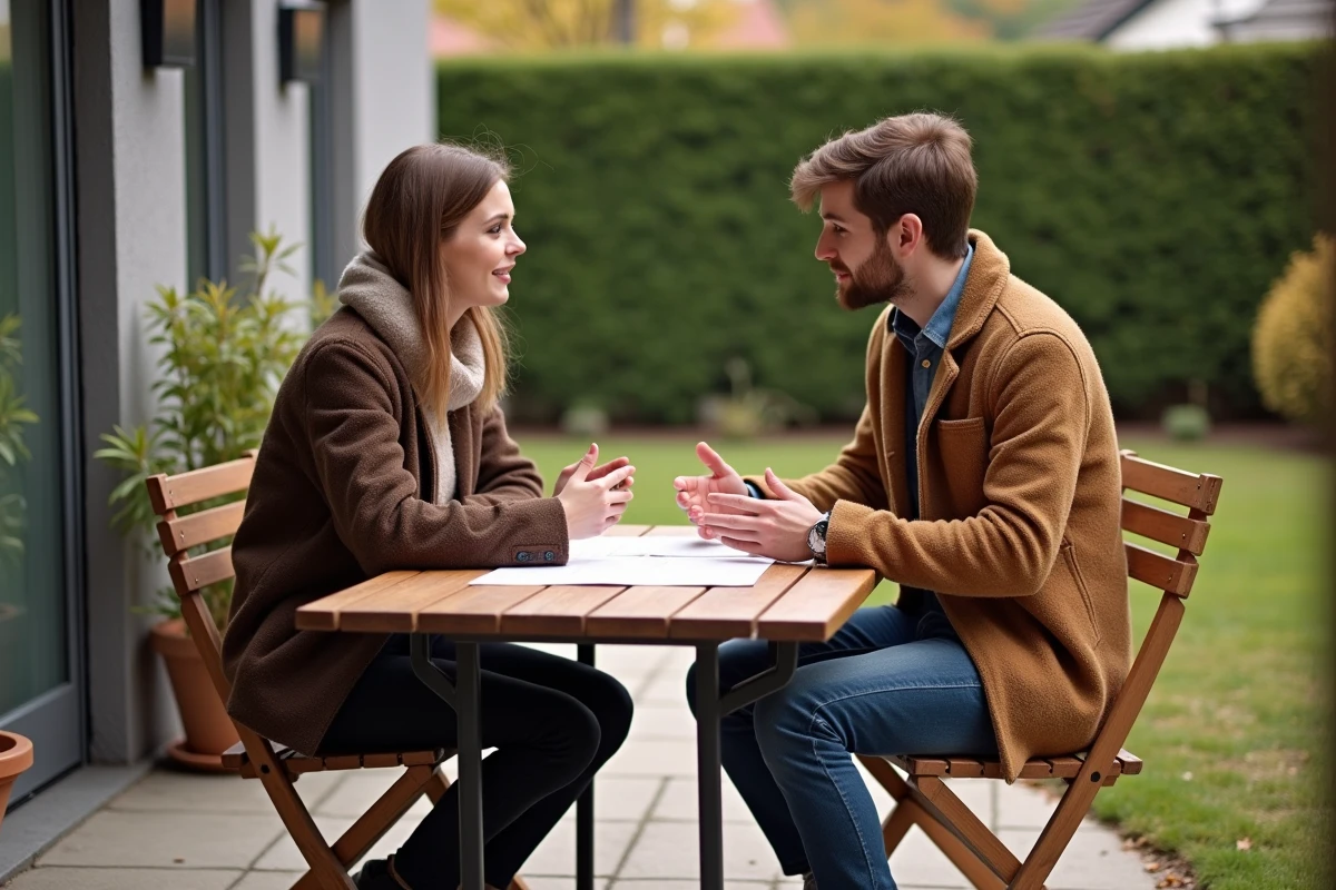 Jeune couple discutant de contrat de location dans jardin