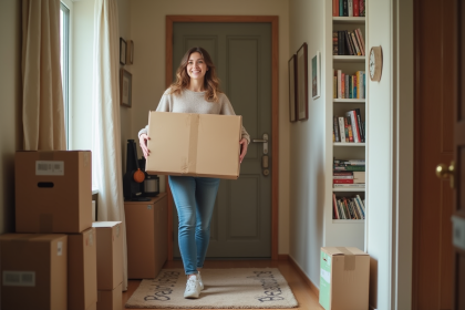 Jeune femme souriante portant une boîte dans un appartement