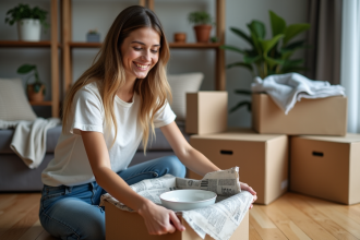Jeune femme emballant des plats dans un appartement cosy