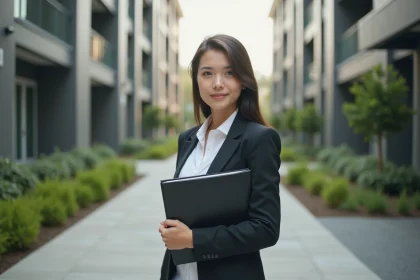 Jeune femme professionnelle devant un immeuble moderne