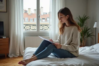 Jeune femme lisant un contrat de location dans un appartement parisien
