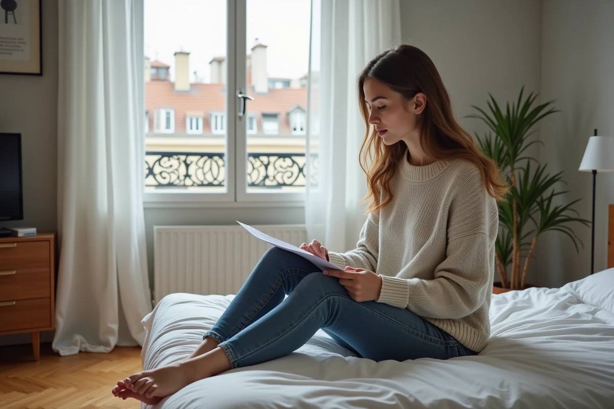 Jeune femme lisant un contrat de location dans un appartement parisien
