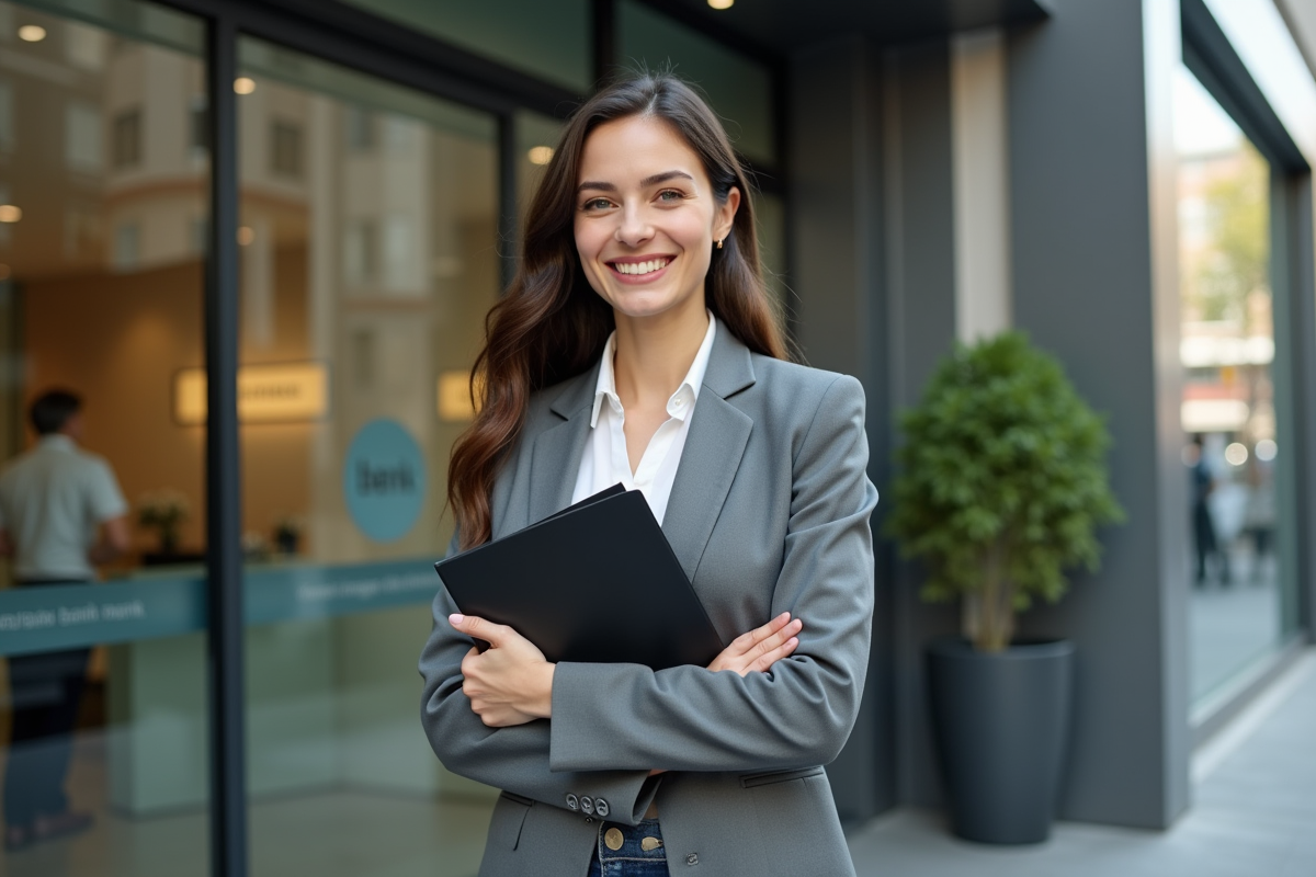 Jeune femme professionnelle souriante devant une banque moderne