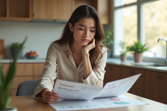 Jeune femme en bureau regardant des brochures de prêt immobilier