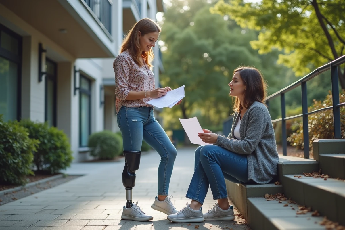 Jeune femme avec prothèse lisant des documents avec une amie dehors
