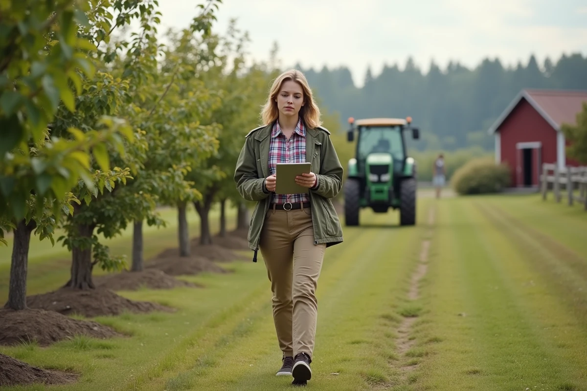 Jeune femme avec tablette dans un verger rural