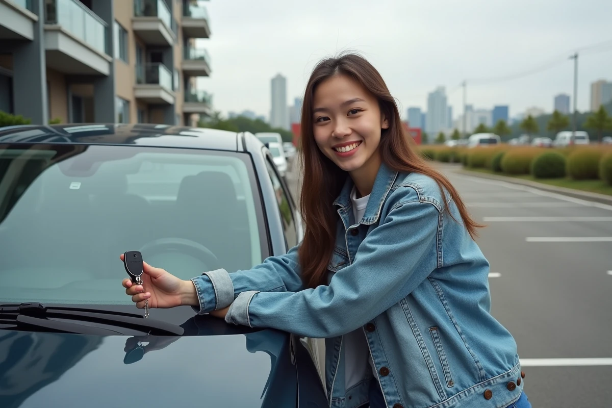 Jeune femme souriante près de sa voiture dans un parking extérieur