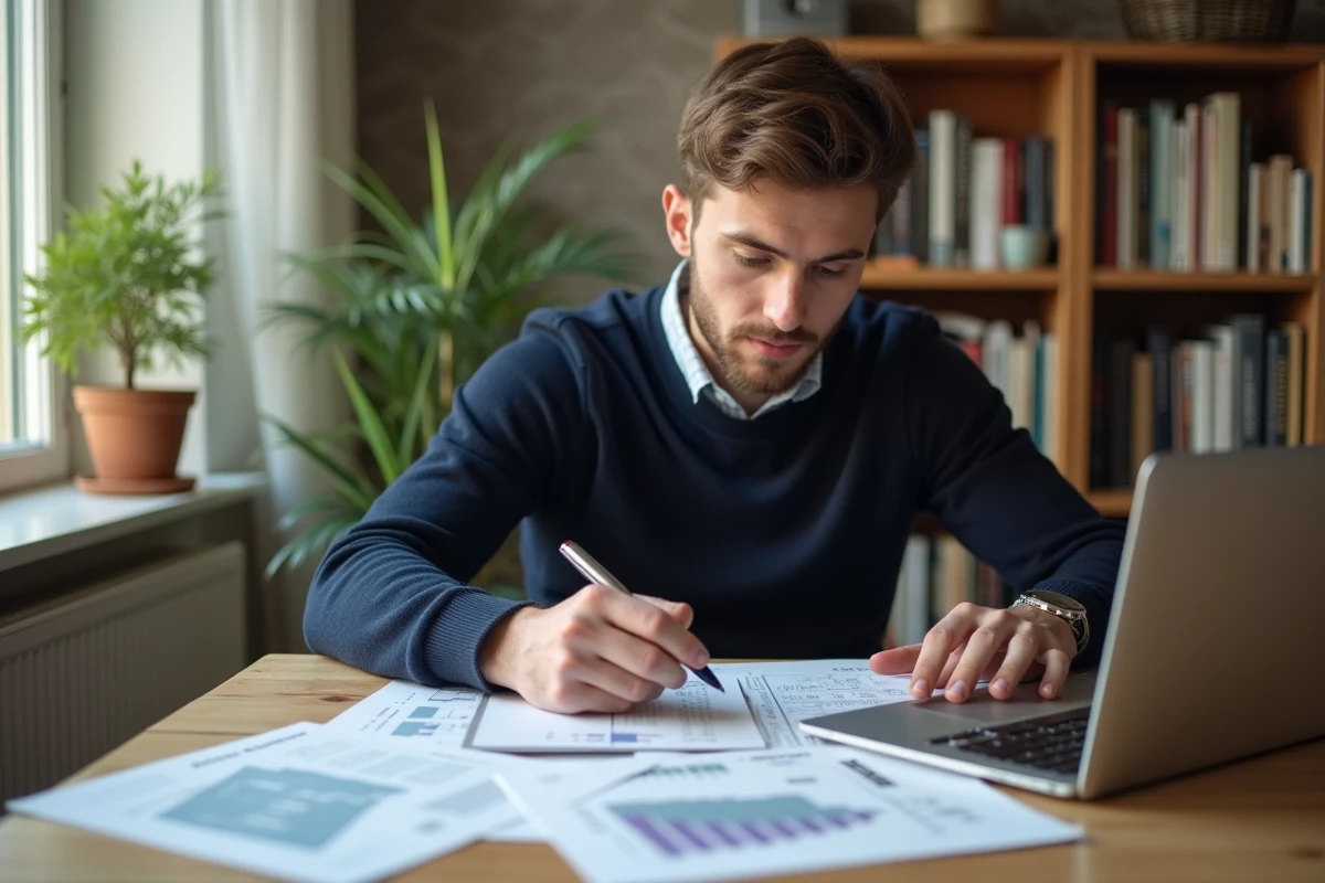 Jeune homme étudiant des rapports immobiliers dans son bureau