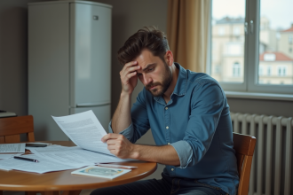 Jeune homme inquiet avec contrat à la main dans la cuisine