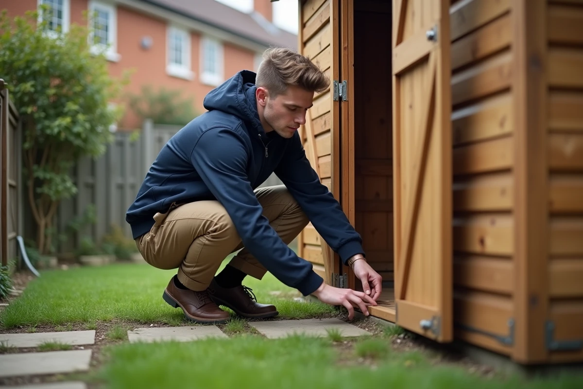 Jeune homme inspectant la porte du cabanon de jardin