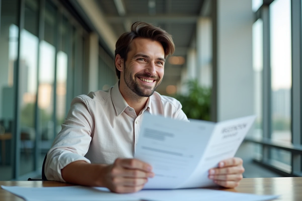 Jeune homme souriant tenant des formulaires dans un espace de coworking