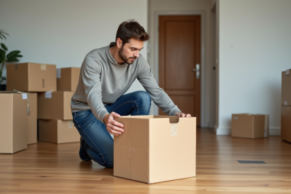 Jeune homme assemble une box en carton dans un appartement moderne