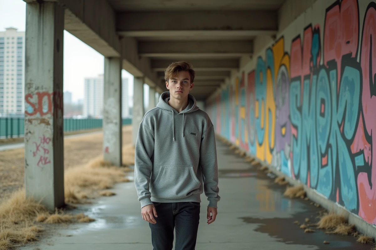 Jeune homme marchant devant murs colorés abîmés