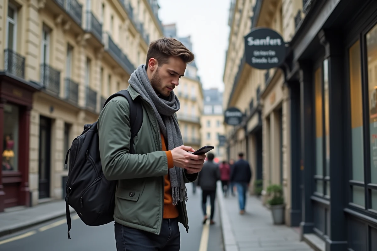 Jeune homme regardant son smartphone dans une rue parisienne