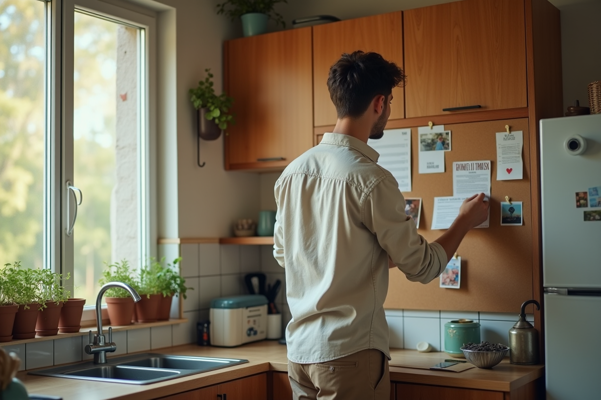 Jeune homme fixant un contrat de location sur un tableau