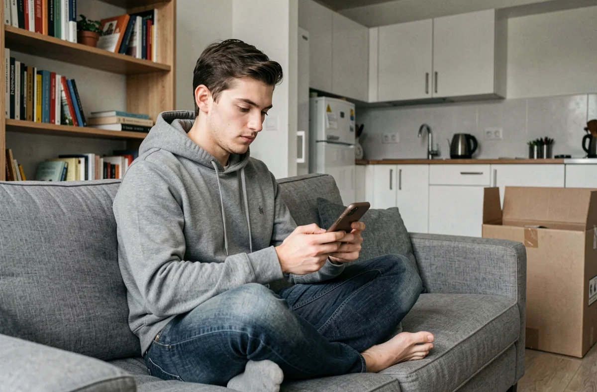 Jeune homme souscrivant une assurance habitation en ligne sur smartphone dans son appartement à Douai
