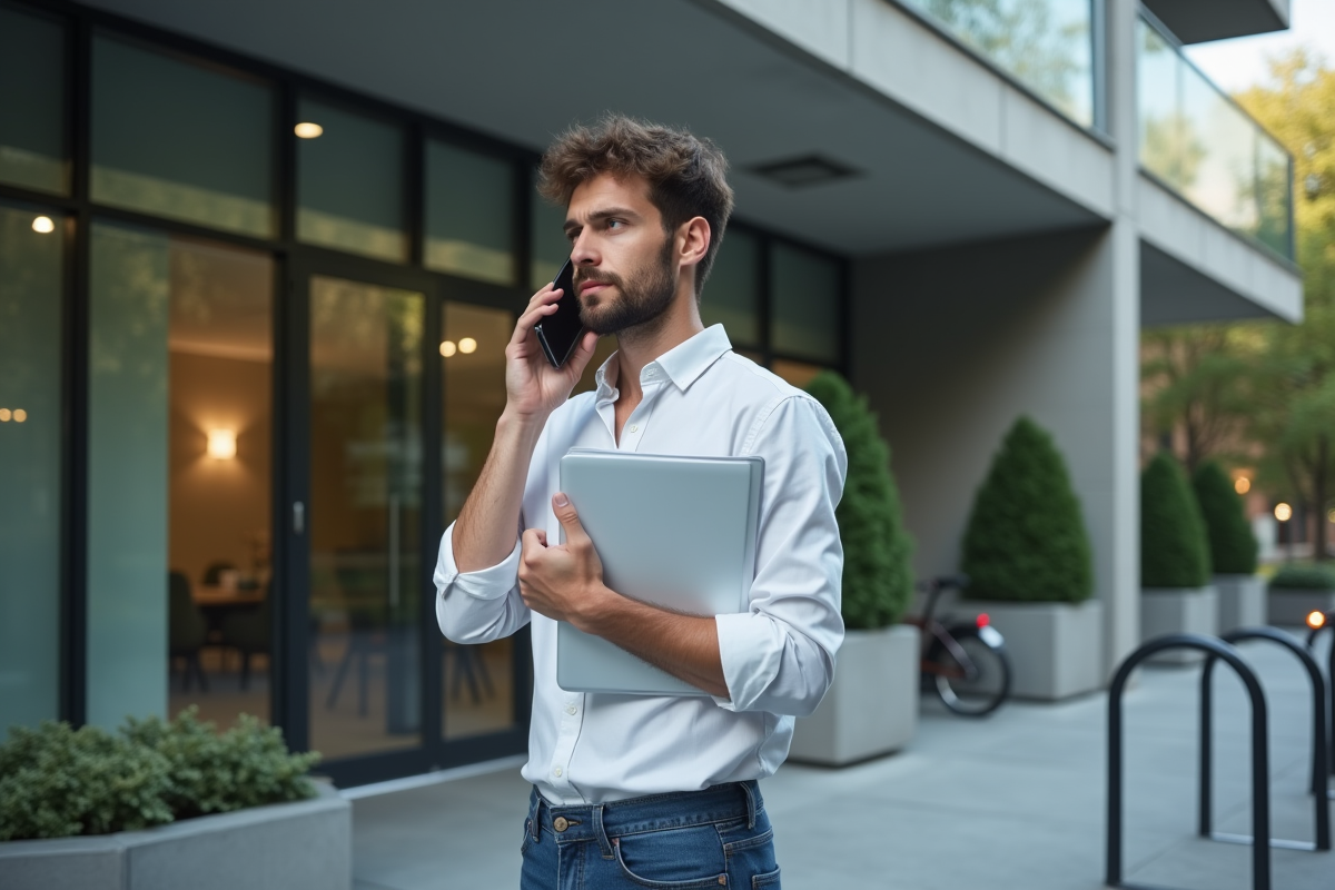 Jeune homme parlant au téléphone devant un immeuble moderne