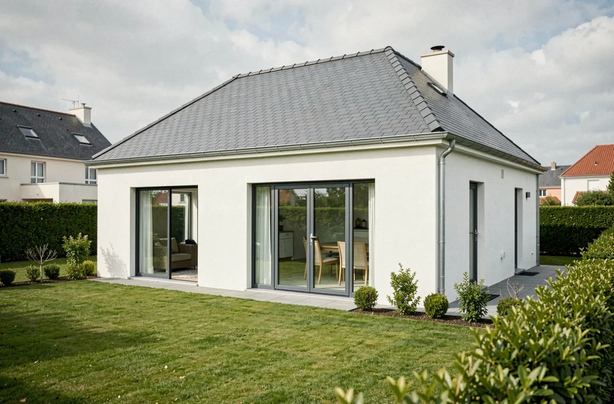 Maison individuelle construite par LMP Constructeur en Vendée, avec facade blanche contemporaine et toiture ardoise grise