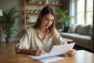 Locataire en appartement meublé relisant son contrat de location avant la restitution de la caution