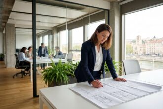 Femme d'affaires examinant des plans de bureaux dans un espace de coworking moderne à Lyon avec vue sur la ville