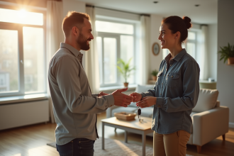Propriétaire souriant remettant les clés à un locataire dans un salon lumineux
