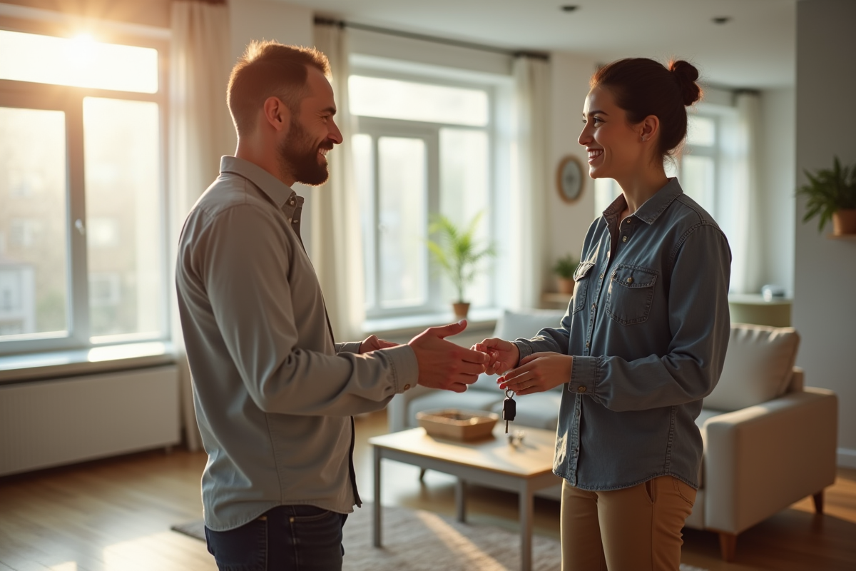 Propriétaire souriant remettant les clés à un locataire dans un salon lumineux
