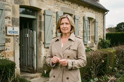 Femme devant une maison à vendre dans l'Oise lors d'une procédure de divorce, tenant les clés de la propriété