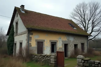 Maison abandonnée en pierre dans le Nord de la France avec volets brisés et jardin envahi par la végétation