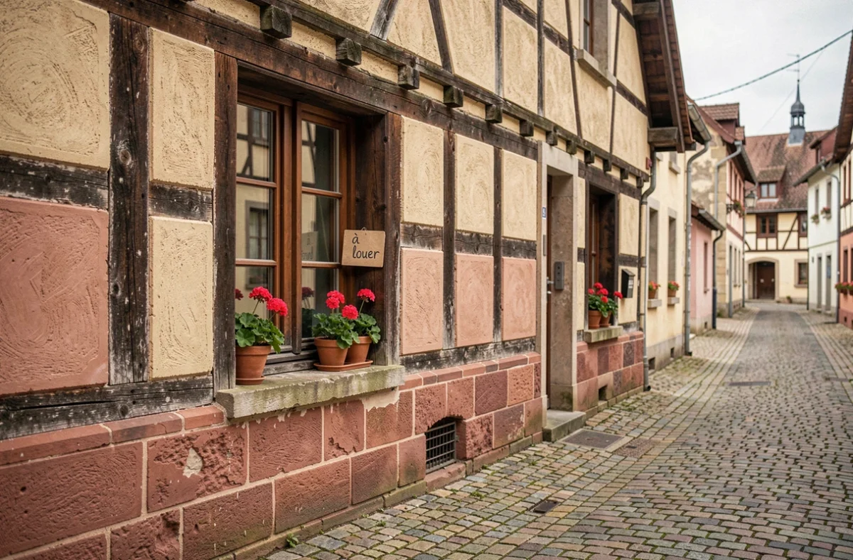 Maison alsacienne à colombages avec panneau à louer dans un village du Bas-Rhin