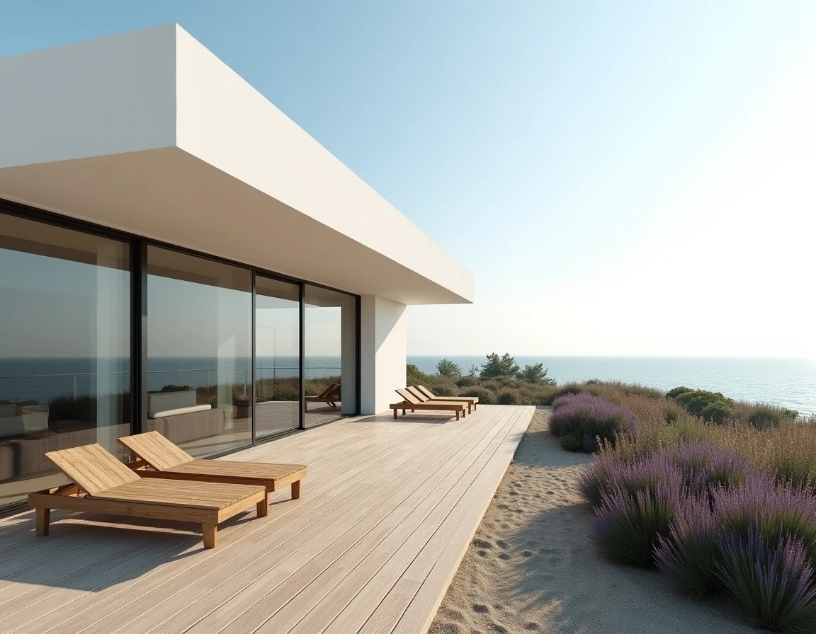 Construction récente contemporaine avec vue panoramique sur la mer en Normandie