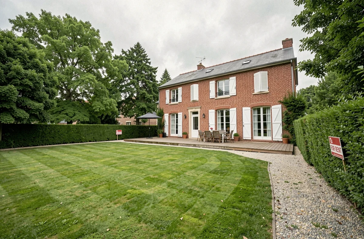 Maison avec grand jardin à louer en Seine-Maritime vue depuis le fond du terrain