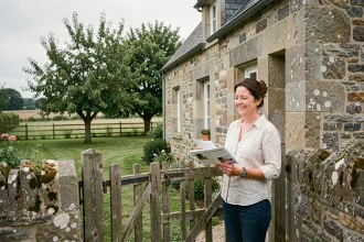 Femme devant une maison normande à louer avec jardin en Seine-Maritime