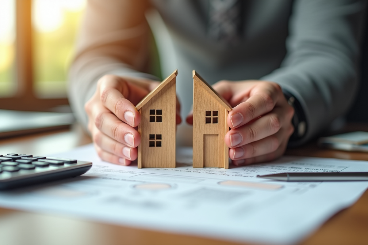 Mains tenant une maison en deux parties avec documents et calculatrice