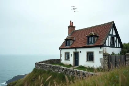 Maison de pêcheur normande avec colombages sur falaise vue mer en Normandie